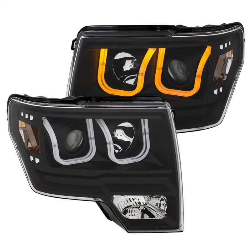 ANZO 2009-2014 Ford F-150 Projector Headlights w/ U-Bar Switchback Black w/ Amber - Crew Original