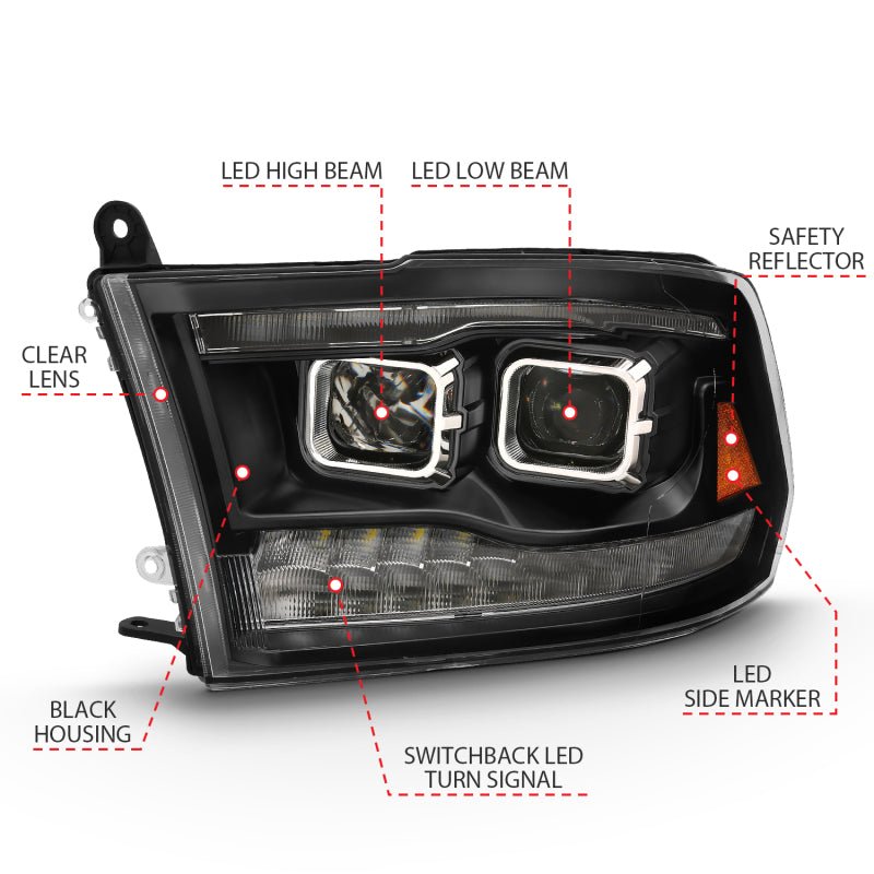 ANZO 2009-2018 Dodge Ram 1500 Led Projector Plank Style Switchback H.L Halo Black Amber (OE Style) - Crew Original