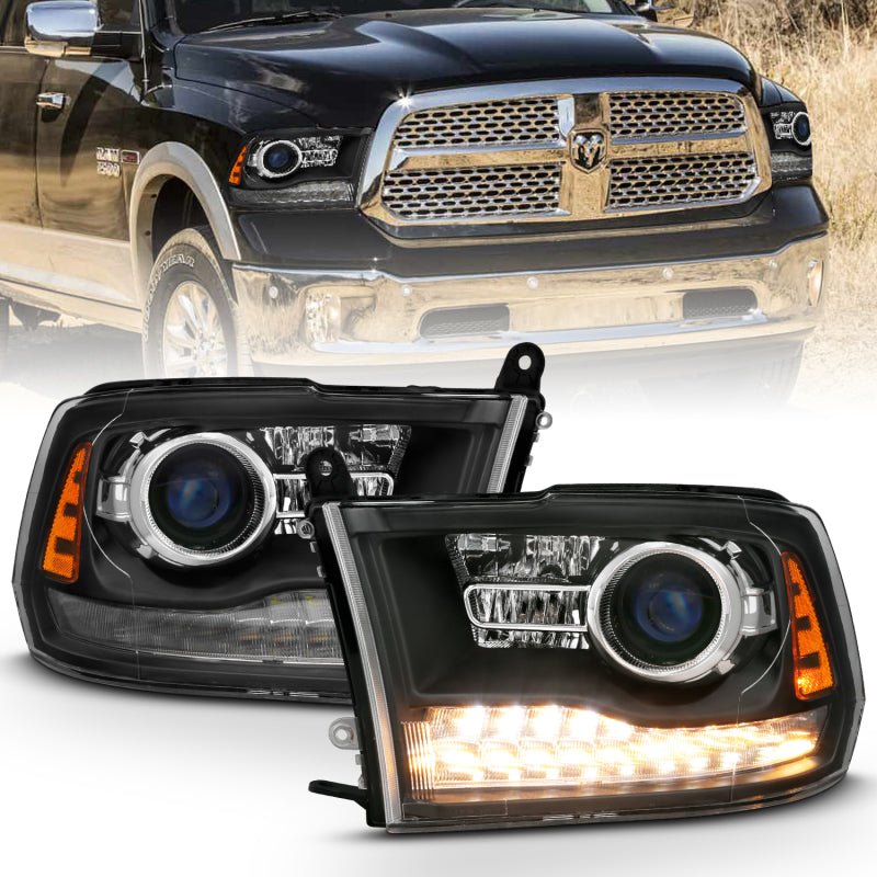 ANZO 2009-2018 Dodge Ram 1500 Projector Headlights Plank Style Halo w/Switchback Matte Black - Crew Original