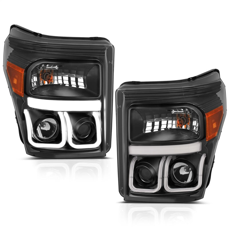 ANZO 2011-2015 Ford F-250 Projector Headlights w/ U-Bar Black - Crew Original