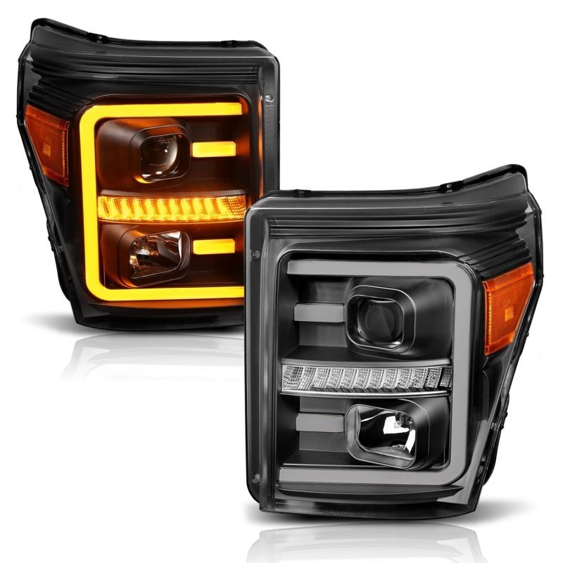 ANZO 2011-2016 Ford F250 Projector Headlights w/ Plank Style Switchback Black w/ Amber - Crew Original