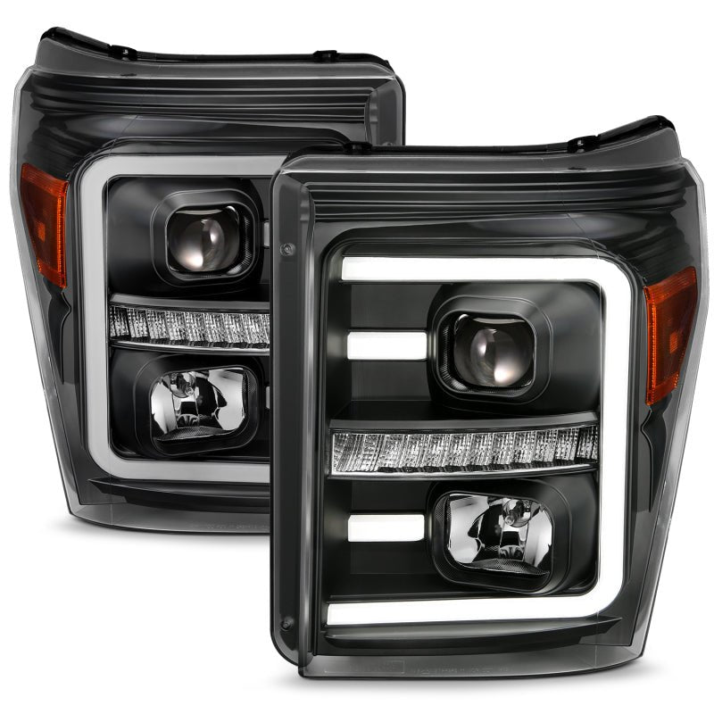 ANZO 2011-2016 Ford F250 Projector Headlights w/ Plank Style Switchback Black w/ Amber - Crew Original