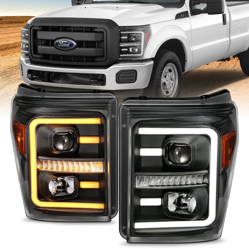 ANZO 2011-2016 Ford F250 Projector Headlights w/ Plank Style Switchback Black w/ Amber - Crew Original