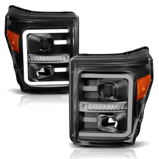 ANZO 2011-2016 Ford F250 Projector Headlights w/ Plank Style Switchback Black w/ Amber - Crew Original