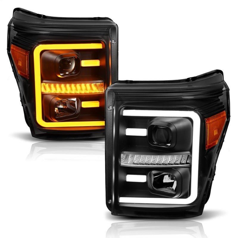 ANZO 2011-2016 Ford F250 Projector Headlights w/ Plank Style Switchback Black w/ Amber - Crew Original