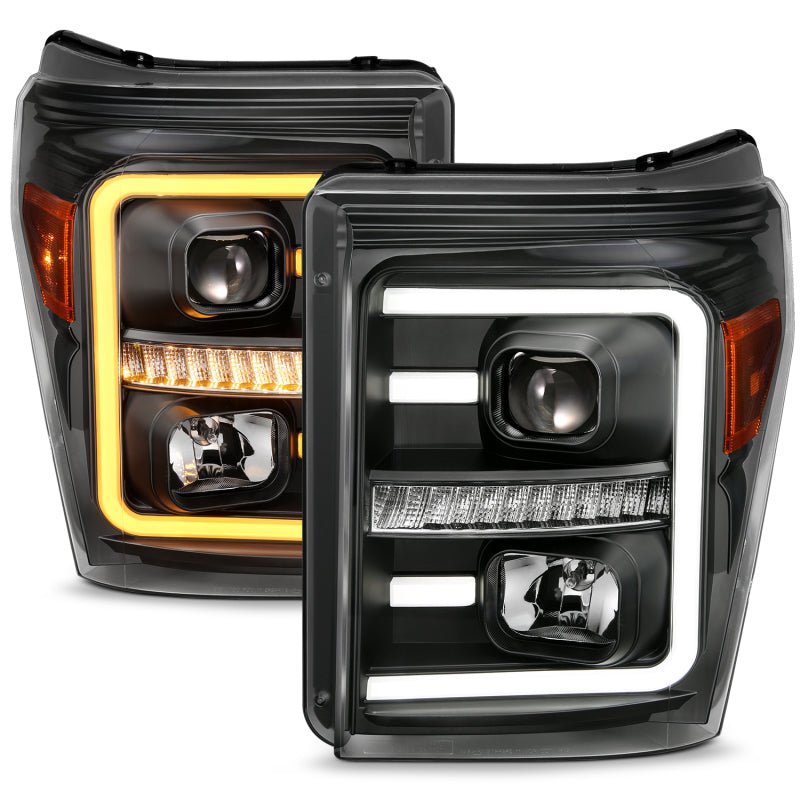 ANZO 2011-2016 Ford F250 Projector Headlights w/ Plank Style Switchback Black w/ Amber - Crew Original