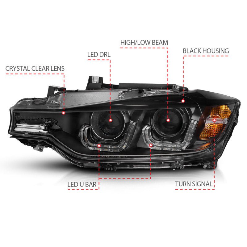 ANZO 2012-2015 BMW 3 Series Projector Headlights w/ U-Bar Black - Crew Original