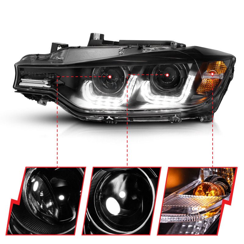 ANZO 2012-2015 BMW 3 Series Projector Headlights w/ U-Bar Black - Crew Original