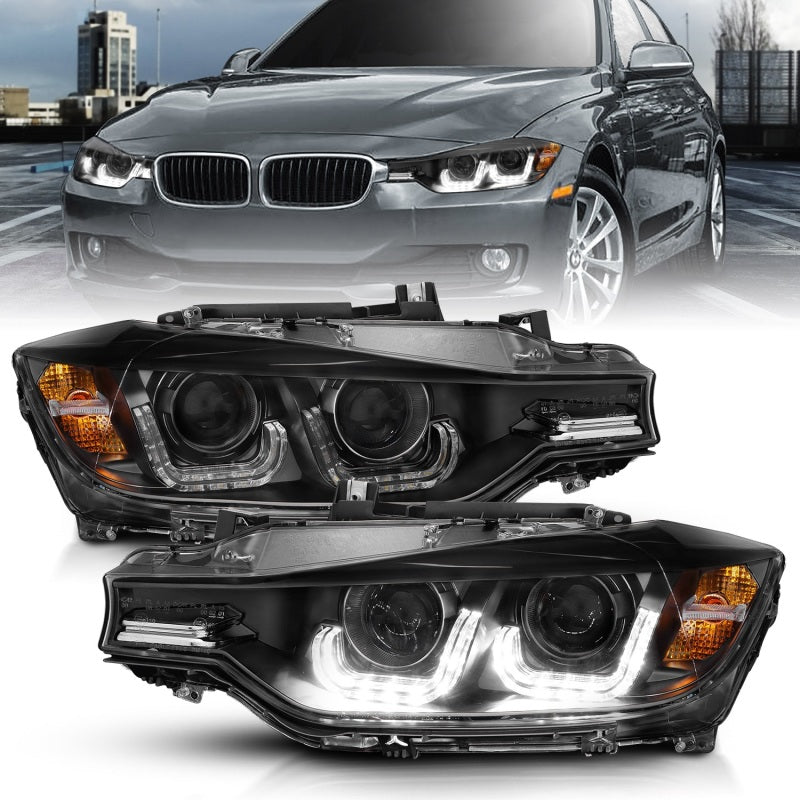 ANZO 2012-2015 BMW 3 Series Projector Headlights w/ U-Bar Black - Crew Original