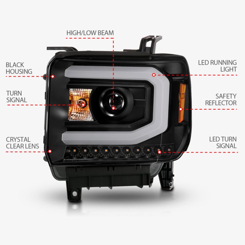 ANZO 2014-2015 GMC Sierra 1500 Projector Headlights w/ Light Bar Black Housing (Halogen Type) - Crew Original