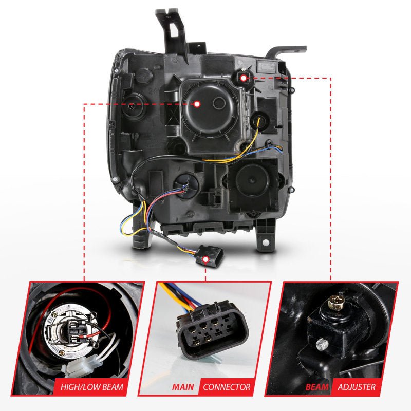ANZO 2014-2015 GMC Sierra 1500 Projector Headlights w/ Light Bar Black Housing (Halogen Type) - Crew Original
