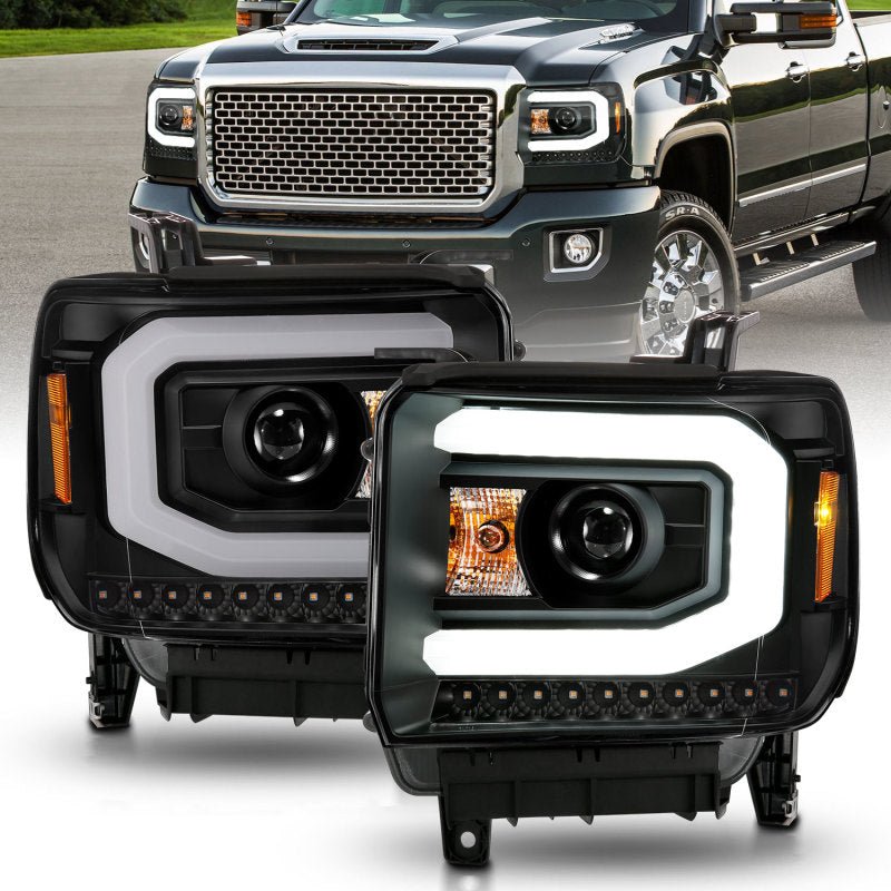 ANZO 2014-2015 GMC Sierra 1500 Projector Headlights w/ Light Bar Black Housing (Halogen Type) - Crew Original