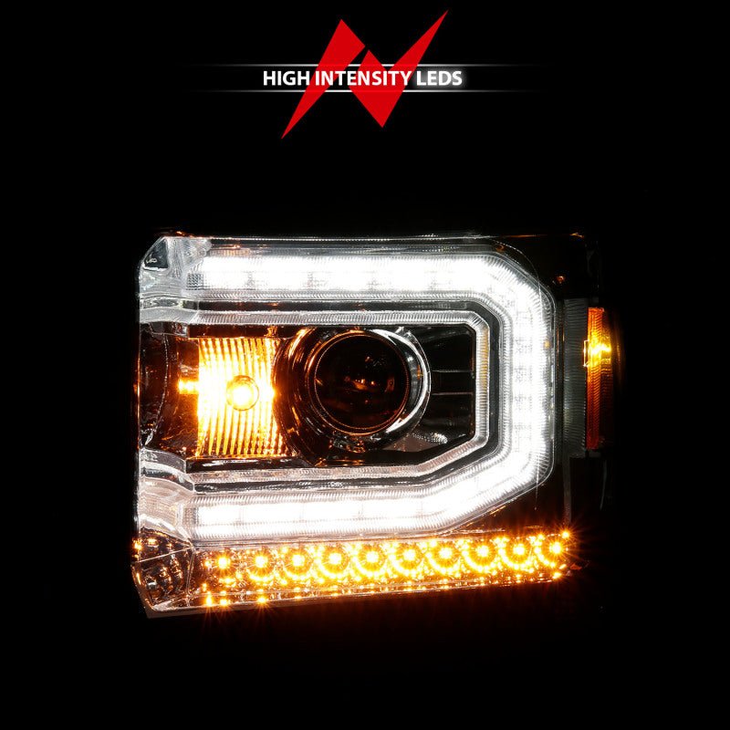 ANZO 2014-2015 Gmc Sierra 1500 Projector Headlights w/ Light Bar Chrome Housing (Halogen Type) - Crew Original