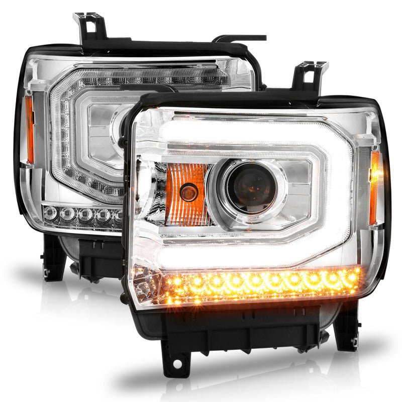 ANZO 2014-2015 Gmc Sierra 1500 Projector Headlights w/ Light Bar Chrome Housing (Halogen Type) - Crew Original