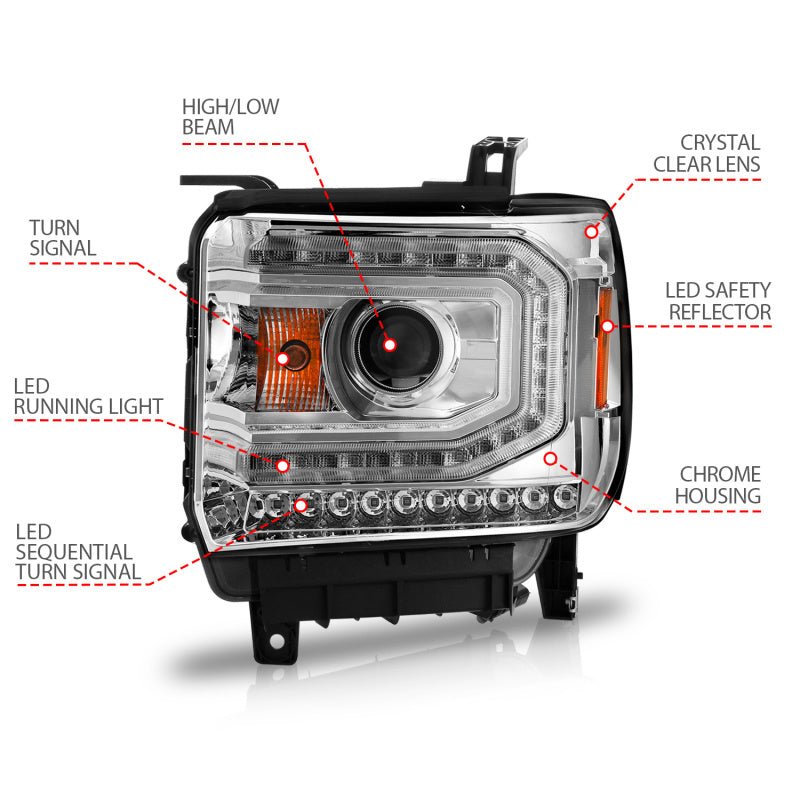 ANZO 2014-2015 Gmc Sierra 1500 Projector Headlights w/ Light Bar Chrome Housing (Halogen Type) - Crew Original