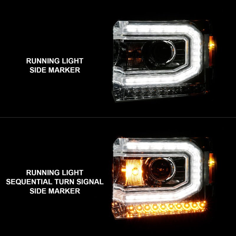 ANZO 2014-2015 Gmc Sierra 1500 Projector Headlights w/ Light Bar Chrome Housing (Halogen Type) - Crew Original