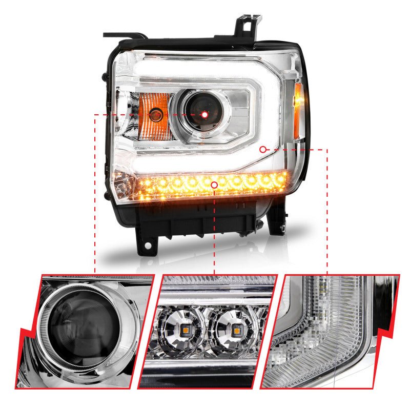 ANZO 2014-2015 Gmc Sierra 1500 Projector Headlights w/ Light Bar Chrome Housing (Halogen Type) - Crew Original