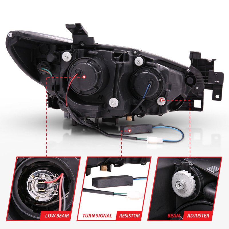 ANZO 2014-2015 Mazda 6 Projector Headlights w/ Plank Style Design Black - Crew Original