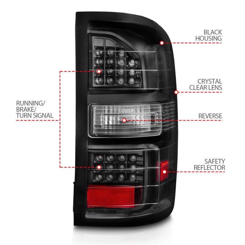 ANZO 2014-2018 GMC Sierra LED Tail Lights Black Housing Clear Lens - Crew Original