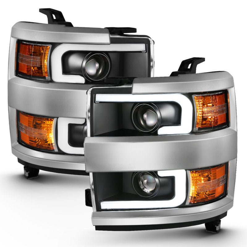 ANZO 2015-2016 Chevrolet Silverado Projector Headlights w/ Plank Style Design Black w/ Amber - Crew Original