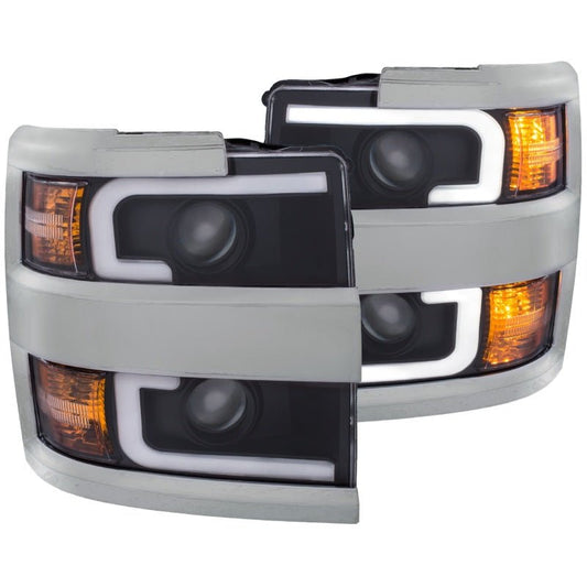 ANZO 2015-2016 Chevrolet Silverado Projector Headlights w/ Plank Style Design Black w/ Amber - Crew Original