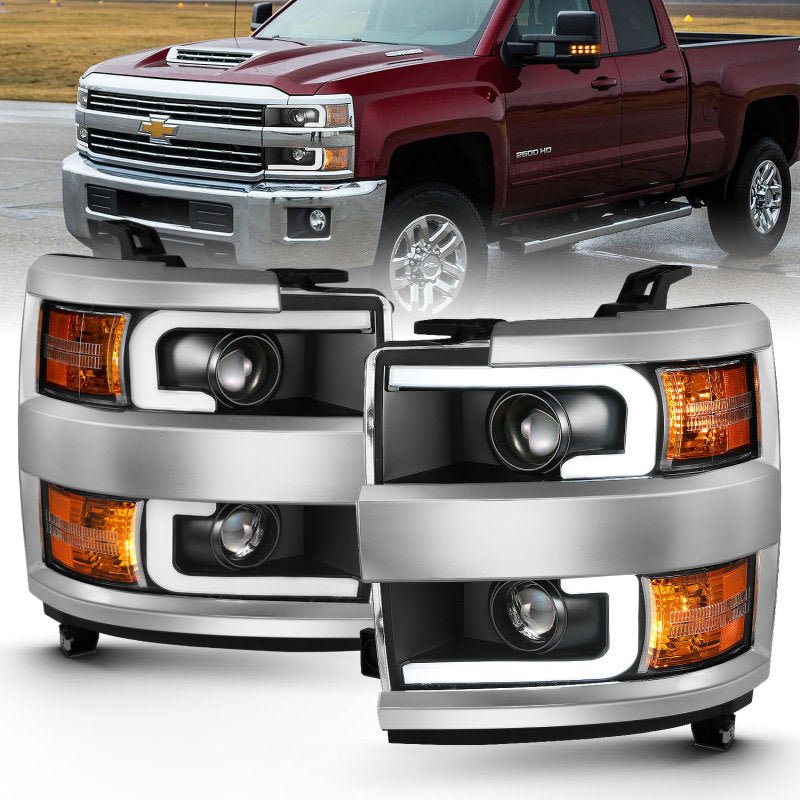 ANZO 2015-2016 Chevrolet Silverado Projector Headlights w/ Plank Style Design Black w/ Amber - Crew Original