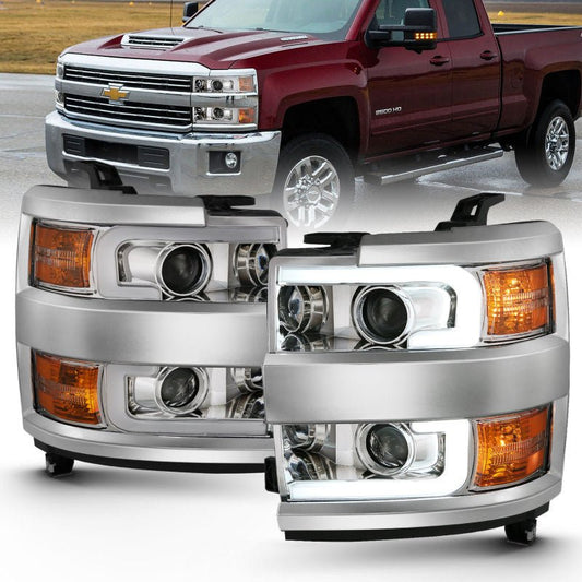 ANZO 2015-2016 Chevrolet Silverado Projector Headlights w/ Plank Style Design Chrome w/ Amber - Crew Original