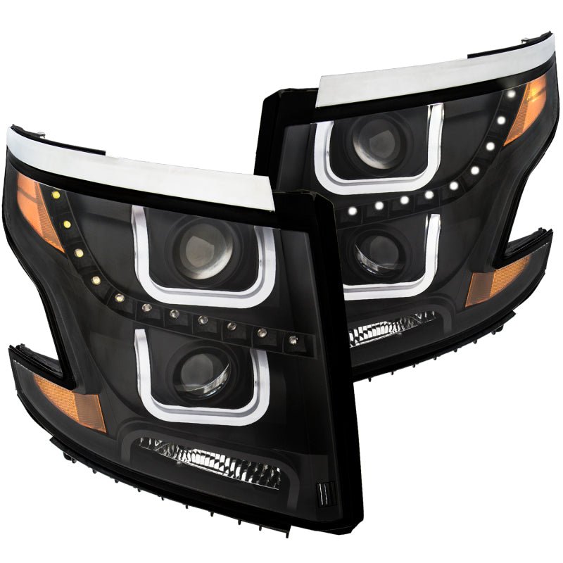 ANZO 2015-2016 Chevrolet Tahoe Projector Headlights w/ U-Bar Black Clear w/Amber - Crew Original