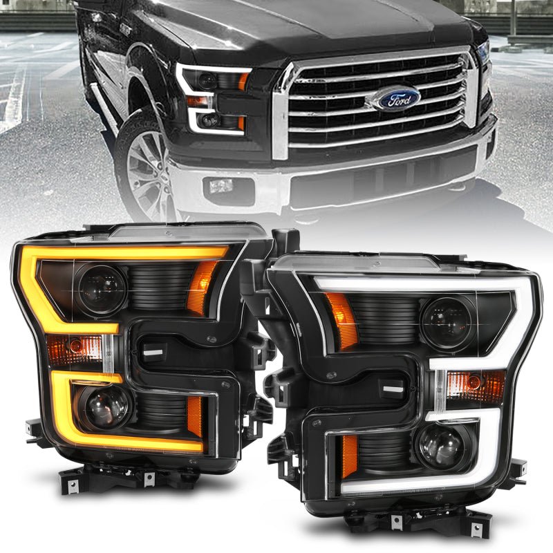 ANZO 2015-2017 Ford F-150 Projector Headlights w/ Plank Style Switchback Black w/ Amber - Crew Original