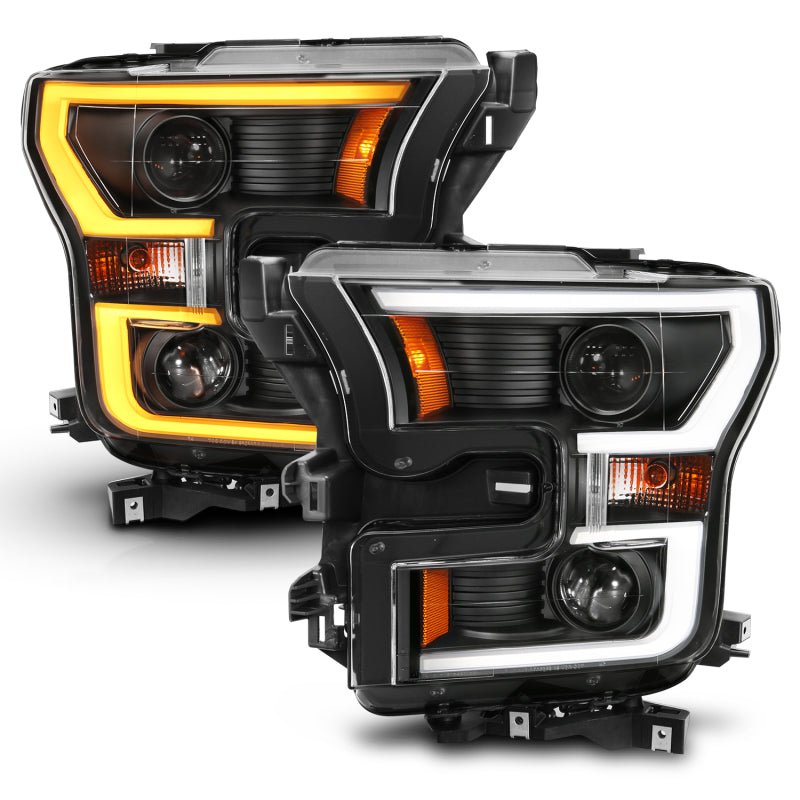 ANZO 2015-2017 Ford F-150 Projector Headlights w/ Plank Style Switchback Black w/ Amber - Crew Original