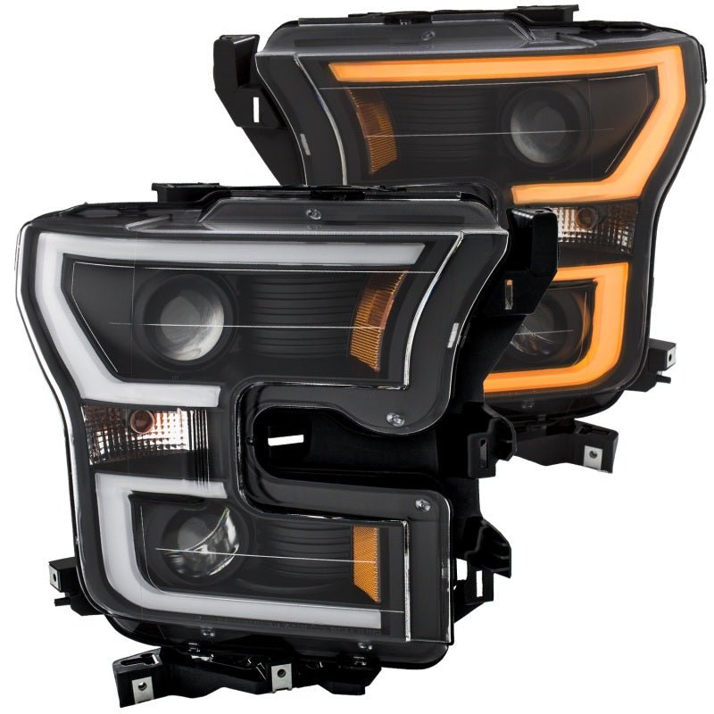 ANZO 2015-2017 Ford F-150 Projector Headlights w/ Plank Style Switchback Black w/ Amber - Crew Original