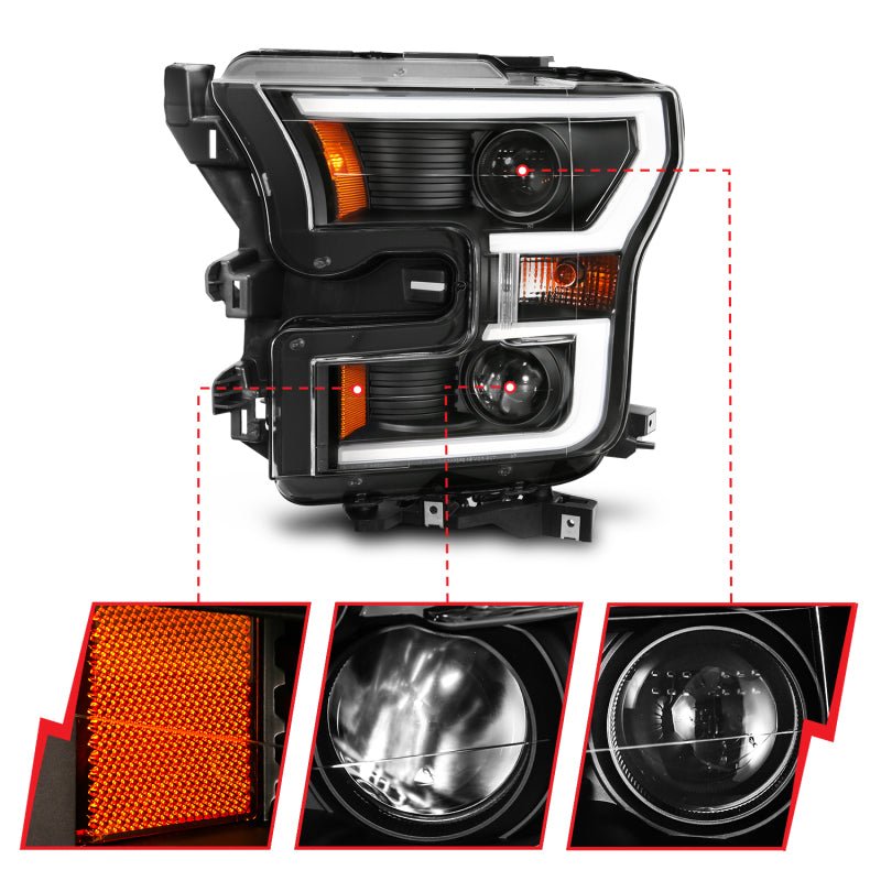 ANZO 2015-2017 Ford F-150 Projector Headlights w/ Plank Style Switchback Black w/ Amber - Crew Original