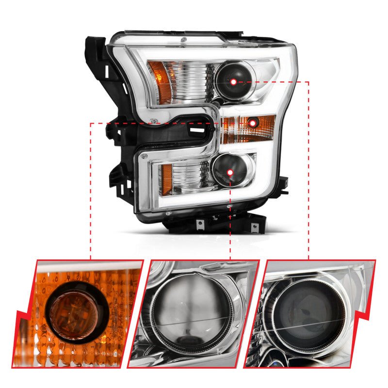 ANZO 2015-2017 Ford F-150 Projector Headlights w/ Plank Style Switchback Chrome w/ Amber - Crew Original