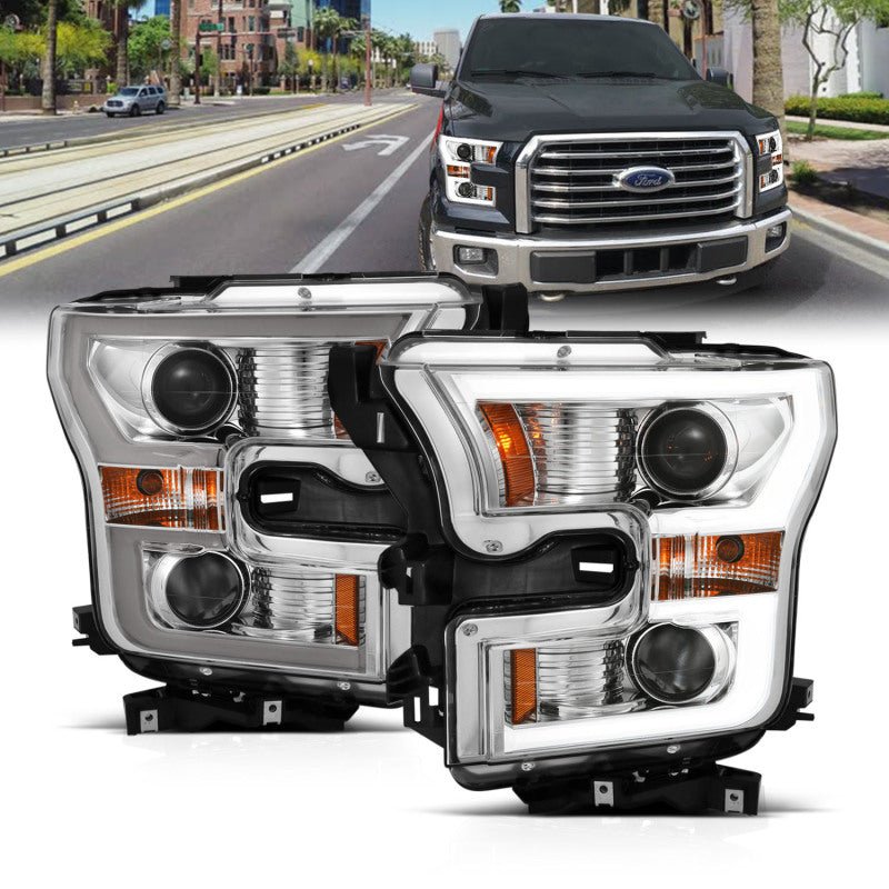 ANZO 2015-2017 Ford F-150 Projector Headlights w/ Plank Style Switchback Chrome w/ Amber - Crew Original