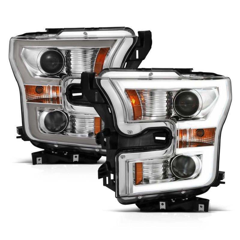 ANZO 2015-2017 Ford F-150 Projector Headlights w/ Plank Style Switchback Chrome w/ Amber - Crew Original