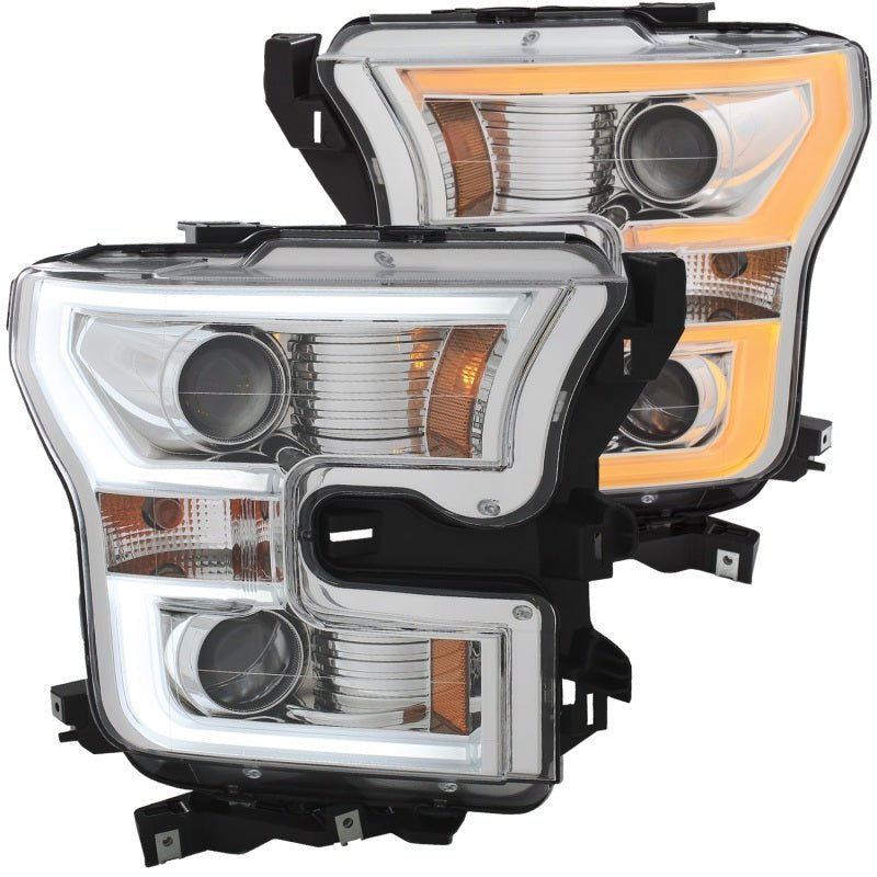 ANZO 2015-2017 Ford F-150 Projector Headlights w/ Plank Style Switchback Chrome w/ Amber - Crew Original