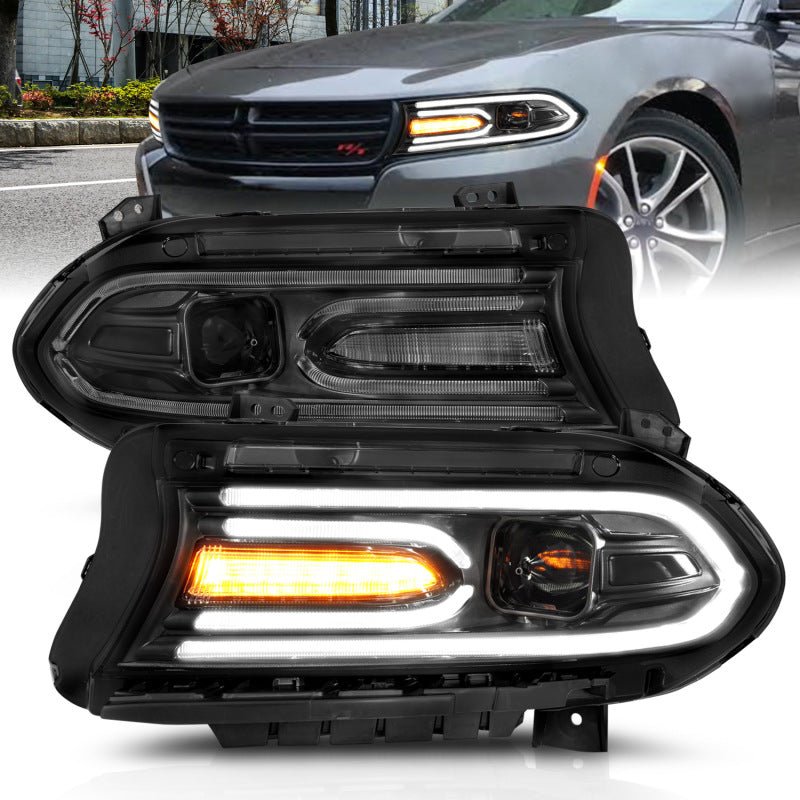 ANZO 2015-2018 Dodge Charger Projector Headlights Plank Style Black - Crew Original