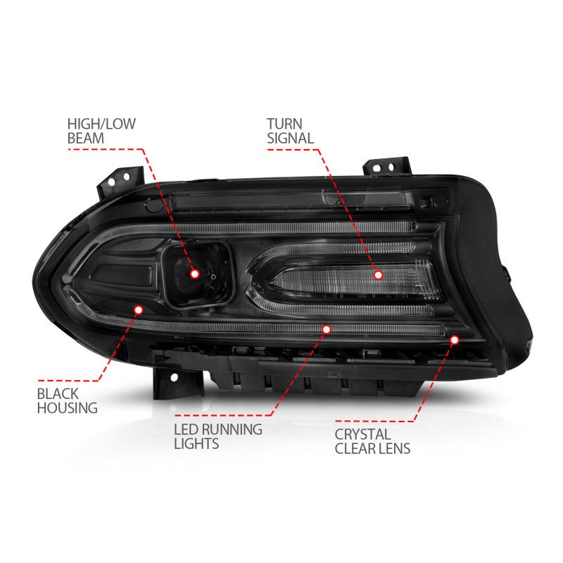 ANZO 2015-2018 Dodge Charger Projector Headlights Plank Style Black - Crew Original