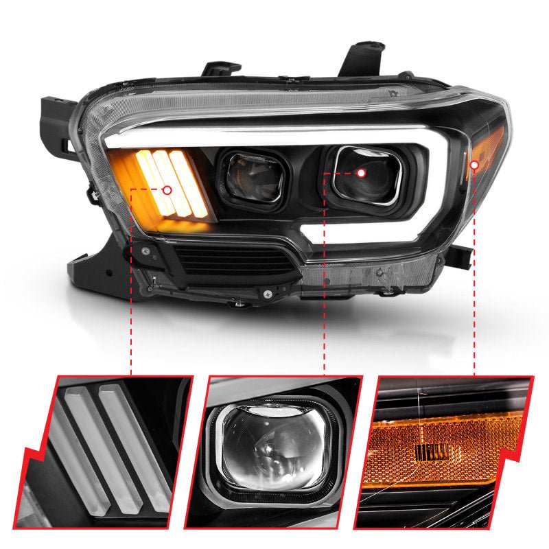 ANZO 2016-2017 Toyota Tacoma Projector Headlights w/ Plank Style Design Black/Amber w/ DRL - Crew Original