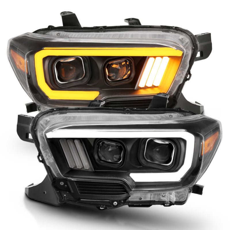 ANZO 2016-2017 Toyota Tacoma Projector Headlights w/ Plank Style Switchback Black w/ Amber - Crew Original