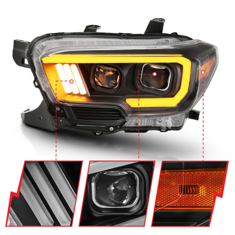 ANZO 2016-2017 Toyota Tacoma Projector Headlights w/ Plank Style Switchback Black w/ Amber - Crew Original