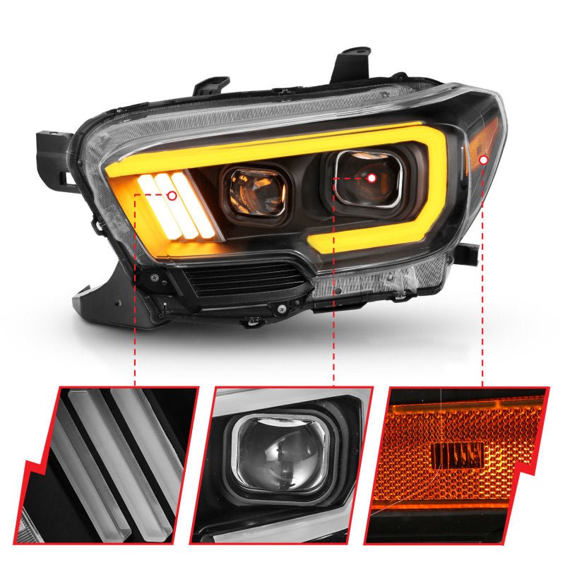 ANZO 2016-2017 Toyota Tacoma Projector Headlights w/ Plank Style Switchback Black w/ Amber w/ DRL - Crew Original