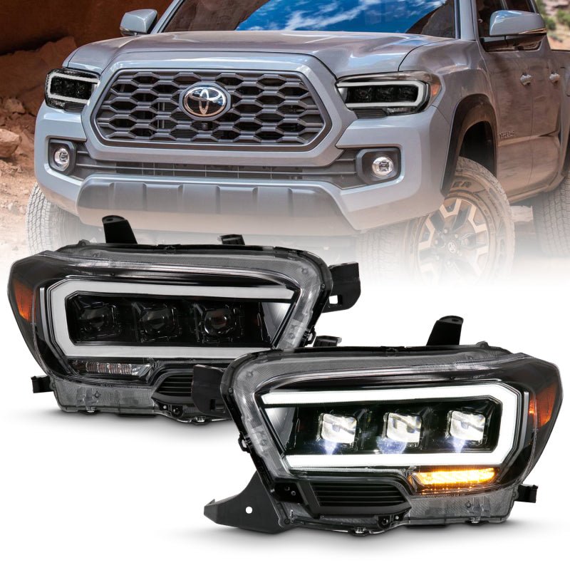 ANZO 2016-2018 Toyota Tacoma LED Projector Headlights Plank Style Black w/ Amber - Crew Original