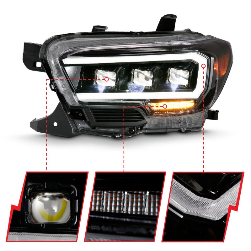 ANZO 2016-2018 Toyota Tacoma LED Projector Headlights Plank Style Black w/ Amber - Crew Original