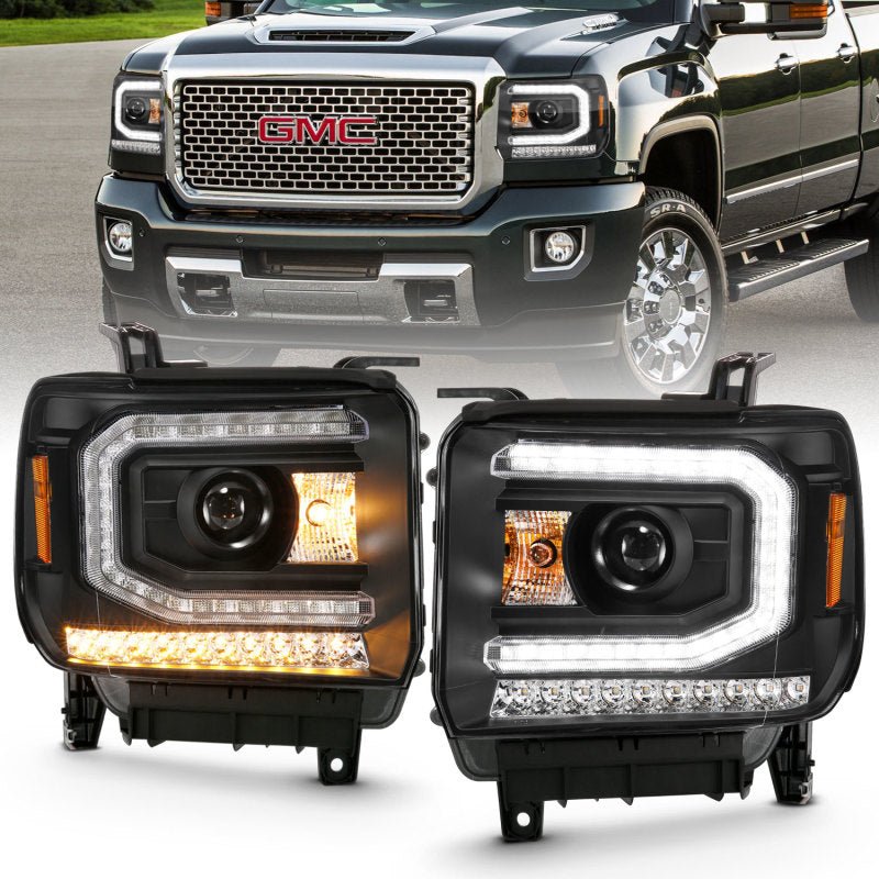 ANZO 2016-2019 Gmc Sierra 1500 Projector Headlight Plank Style Black w/ Sequential Amber Signal - Crew Original