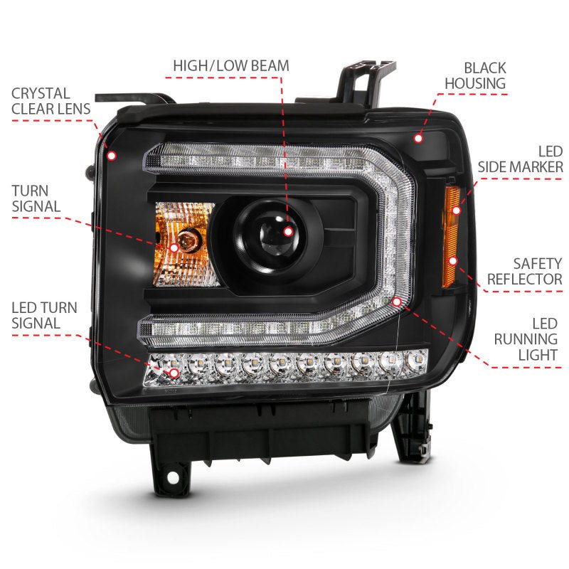 ANZO 2016-2019 Gmc Sierra 1500 Projector Headlight Plank Style Black w/ Sequential Amber Signal - Crew Original