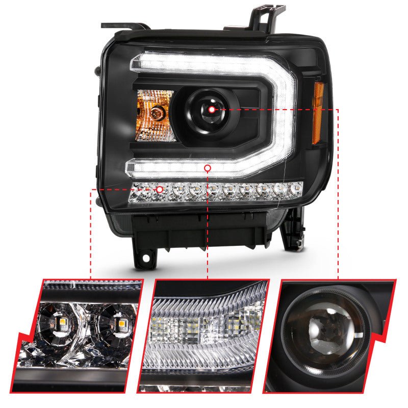 ANZO 2016-2019 Gmc Sierra 1500 Projector Headlight Plank Style Black w/ Sequential Amber Signal - Crew Original