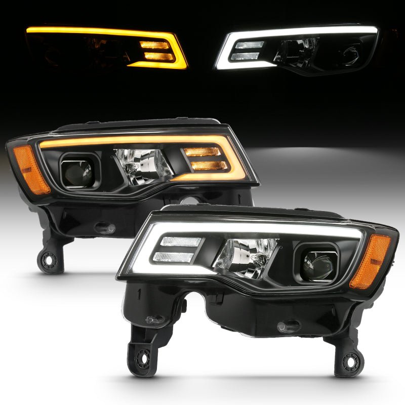 ANZO 2017-2018 Jeep Grand Cherokee Projector Headlights w/ Plank Style Switchback - Black w/ Amber - Crew Original