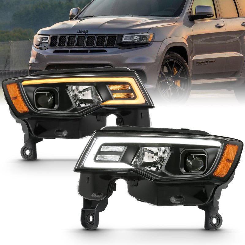 ANZO 2017-2018 Jeep Grand Cherokee Projector Headlights w/ Plank Style Switchback - Black w/ Amber - Crew Original