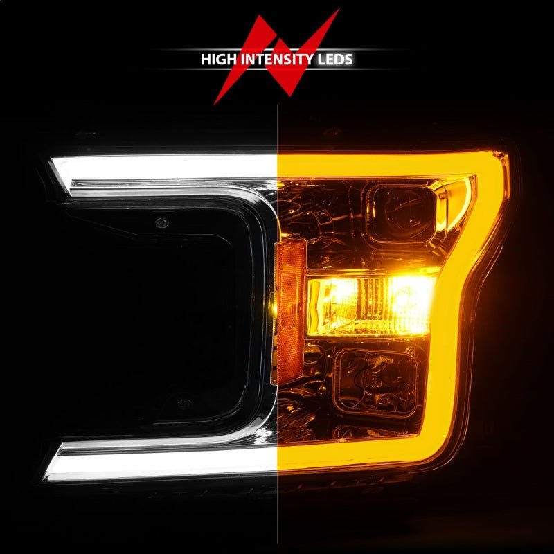 ANZO 2018-2020 Ford F-150 Projector Headlight w/Plank Style Switchback Chrome Housing - Crew Original